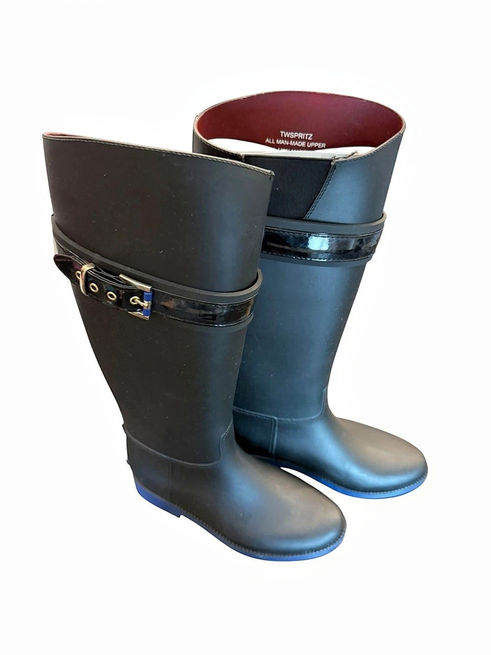 TOMMY HILFIGER TWSPRITZ Womens Tall Black Rain Boots Size 6M Buckle Preppy
